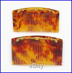 14K Gold Victorian Art Nouveau Faux Tortoise Shell Ivy Child Hair Comb Set