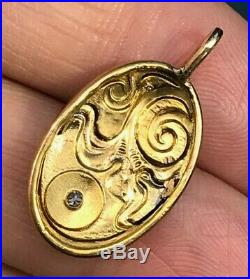 14k Yellow Rose Gold Art Nouveau Pendant w Gypsy-Set Diamond. 1-K5L7J