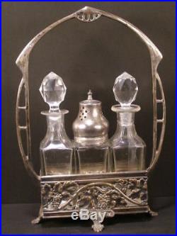 1800's Art Nouveau Silver Cut Glass Castor Cruet Bottle Condiment Oil Stand Set