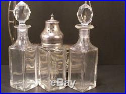 1800's Art Nouveau Silver Cut Glass Castor Cruet Bottle Condiment Oil Stand Set