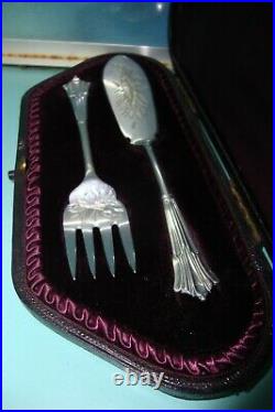 1894 Art Nouveau Sterling silver Hand engraved London Sardine knife set Orig Box