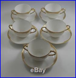 1895 Tresseman Limoges Set Of 5 Cream Soup Bowls And Saucers, Gold Artist Signed