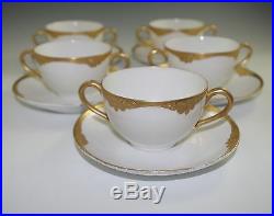 1895 Tresseman Limoges Set Of 5 Cream Soup Bowls And Saucers, Gold Artist Signed