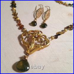 18k Art Nouveau Flower and Tourmaline Necklace and Earrings Set by Andrea SAVAR
