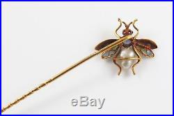 18k Gold Art Nouveau Plique A Jour Enamel Pearl & Gem Set Insect Fly Stick Pin