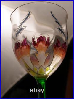 1900 Nouveau Nash H PAINTED Stain Enamel Bohemian Art Glass Stem Wine Goblet Set