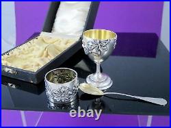 1900s GERMAN ART NOUVEAU 830 Silver Set withBox EGG CUP, NAPKIN RING & SPOON