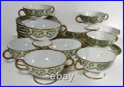 1909 Haviland Limoges HP Green Art Nouveau Deco Bouillon Cup & Saucer Set of 10