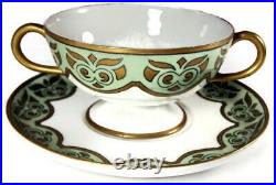 1909 Haviland Limoges HP Green Art Nouveau Deco Bouillon Cup & Saucer Set of 10