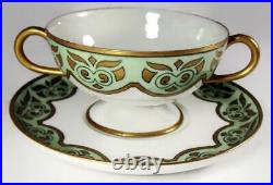 1909 Haviland Limoges HP Green Art Nouveau Deco Bouillon Cup & Saucer Set of 10