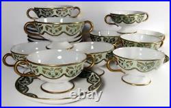 1909 Haviland Limoges HP Green Art Nouveau Deco Bouillon Cup & Saucer Set of 10