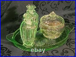 1920 Green Depression Glass Vanity SetPowder Dish, Perfume Bottles, Tray UPDATE