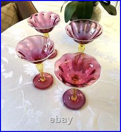 1920's Victor Durand, Set 4 Art Nouveau Champagne Stems, Hand Blown, Ruby #411