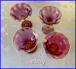 1920's Victor Durand, Set 4 Art Nouveau Champagne Stems, Hand Blown, Ruby #411