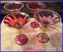 1920's Victor Durand, Set 4 Art Nouveau Champagne Stems, Hand Blown, Ruby #411