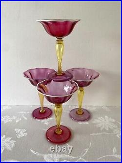 1920's Victor Durand, Set 4 Art Nouveau Champagne Stems, Hand Blown, Ruby #411