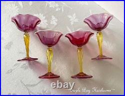 1920's Victor Durand, Set 4 Art Nouveau Champagne Stems, Hand Blown, Ruby #411