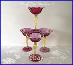 1920's Victor Durand, Set 4 Art Nouveau Champagne Stems, Hand Blown, Ruby #411