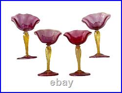 1920's Victor Durand, Set 4 Art Nouveau Champagne Stems, Hand Blown, Ruby #411