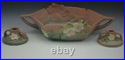 1940 Roseville Pottery White Rose Console Set Bowl 2 Candlesticks 393-12 Pink