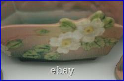 1940 Roseville Pottery White Rose Console Set Bowl 2 Candlesticks 393-12 Pink
