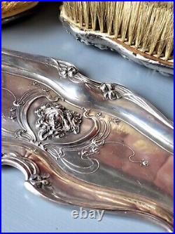 344g STERLING SILVER 3 PC ART NOUVEAU Antique Vanity Grooming Set DATED 1908