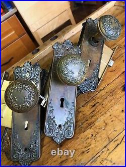 3 Antique Art Nouveau Bronze Architectural Salvage Doorknob Sets, Escutcheons