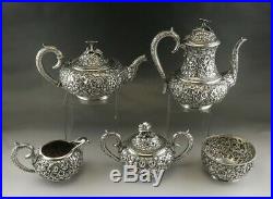 5pc Antique c1890 Baltimore Sterling Silver Flower Repousse Tea/Coffee Set