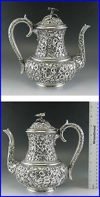 5pc Antique c1890 Baltimore Sterling Silver Flower Repousse Tea/Coffee Set