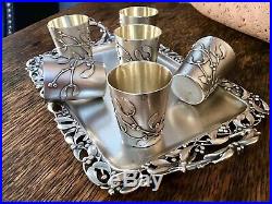 7 pc SET MISTLETOE Sterling Silver French Nouveau Floral MURAT Cordial Cups Tray