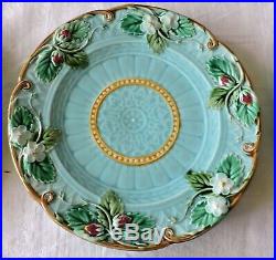 8 pc French Majolica Dessert Set Sarreguemines Plate Compote with Strawberries