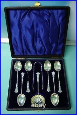 8p ART NOUVEAU 1902 Sterling silver gilt gold 925 Tea Spoon sugar sifter set Box