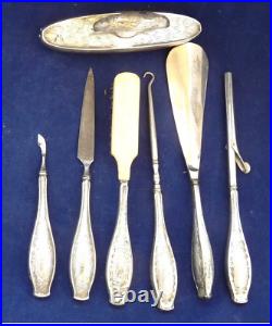 9 sterling silver antique Victorian Art Nouveau Vanity Set bow engraved W