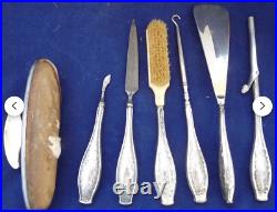 9 sterling silver antique Victorian Art Nouveau Vanity Set bow engraved W