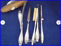 9 sterling silver antique Victorian Art Nouveau Vanity Set bow engraved W