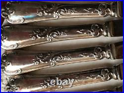 ANTIQUES FRENCH ART NOUVEAU ROCOCO SILVER PLATED HANDLE DINER KNIVES SET. 12p