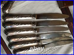 ANTIQUES FRENCH ART NOUVEAU ROCOCO SILVER PLATED HANDLE DINER KNIVES SET. 12p