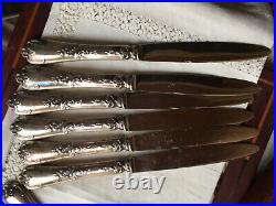 ANTIQUES FRENCH ART NOUVEAU ROCOCO SILVER PLATED HANDLE DINER KNIVES SET. 12p