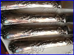 ANTIQUES FRENCH ART NOUVEAU ROCOCO SILVER PLATED HANDLE DINER KNIVES SET. 12p