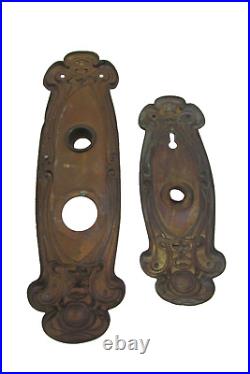 ANTIQUE ART NOUVEAU BRONZE DOORKNOB PAIR SET YALE OLYMPIAN with Backplates 1905