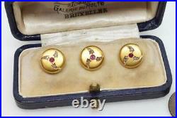 ANTIQUE ART NOUVEAU EUROPEAN 18K GOLD RUBY & DIAMOND SWIRL STUD SET & BOX c1910