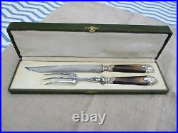 ANTIQUE FRENCH HORN AND SILVER CARVING KNIFE AND FORK SET ART NOUVEAU BOXED 19th