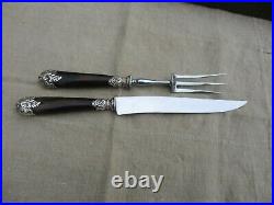 ANTIQUE FRENCH HORN AND SILVER CARVING KNIFE AND FORK SET ART NOUVEAU BOXED 19th