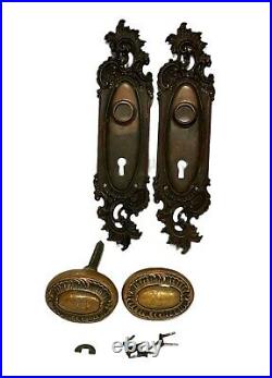 ANTIQUE HEAVY Brass ART NOUVEAU VICTORIAN Door Knob SET + EXQUISITE Plates