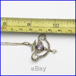 ANTIQUE SOLID 9ct GOLD ART NOUVEAU SEED PEARL AMETHYST SET PENDANT AND NECKLACE