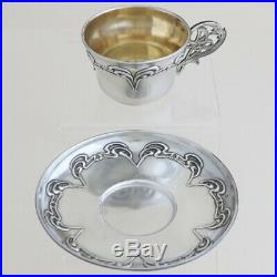 ART NOUVEAU Antique French Sterling Silver Tea Coffee Cup & Saucer Set Gold Gilt