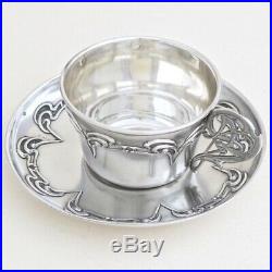 ART NOUVEAU C. 1900 Antique French Sterling Silver Tea Coffee Cup & Saucer Set 2p