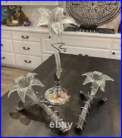 ART NOUVEAU SILVER PLATE TRUMPET VASE HAND BLOWN GLASS 15 Tall Set of 3 102