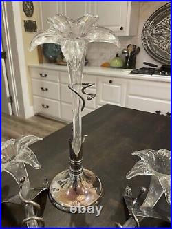 ART NOUVEAU SILVER PLATE TRUMPET VASE HAND BLOWN GLASS 15 Tall Set of 3 102