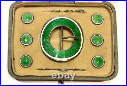 ART NOUVEAU STERLING SILVER AND GUILLOCHE ENAMEL BELT BUCKLE with 6 BUTTONS SET